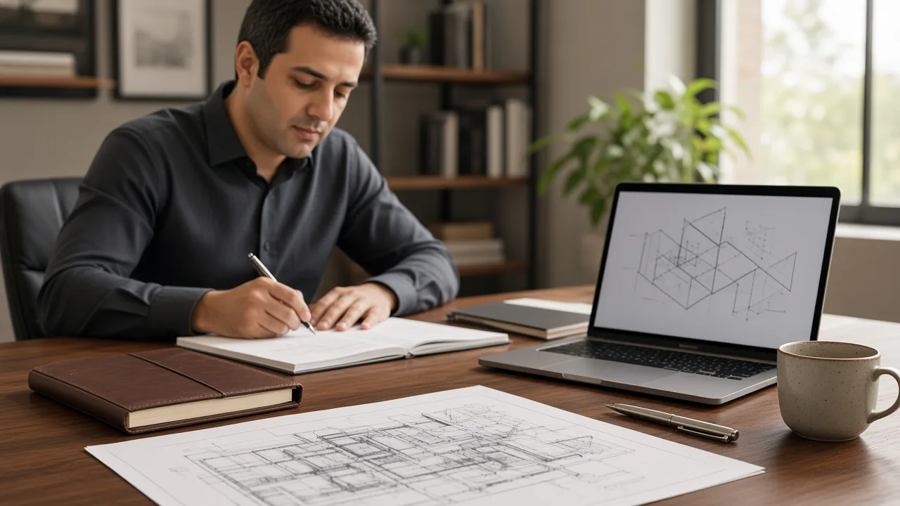 Sean Mehrabi working beside system sketches, a notebook, and a laptop.