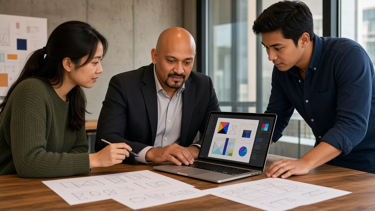 Mike Qureshi reviewing an application interface with a designer and an engineer.